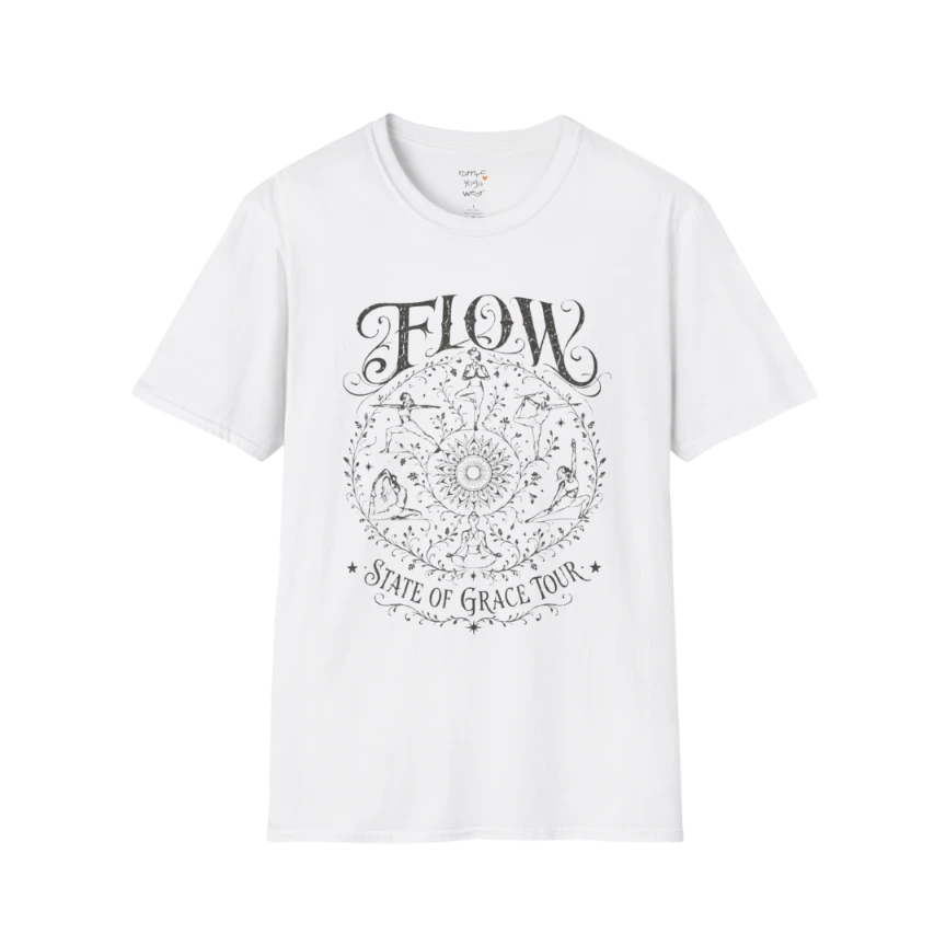 Flow T-Shirt White featuring vintage-inspired yoga artwork and mindful movement theme.