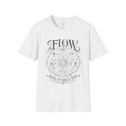 Flow T-Shirt White featuring vintage-inspired yoga artwork and mindful movement theme.