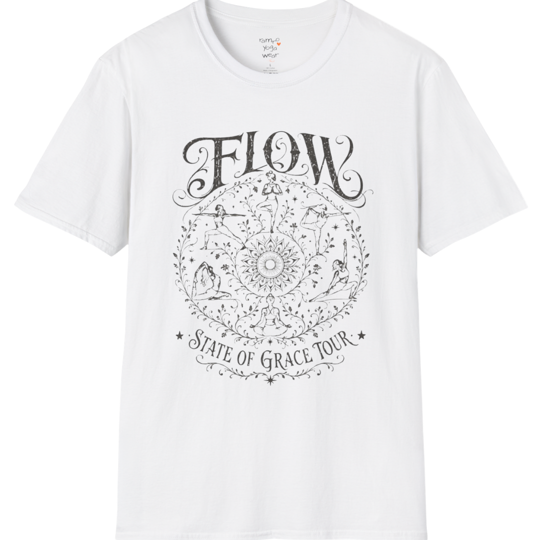 Flow T-Shirt White featuring vintage-inspired yoga artwork and mindful movement theme.