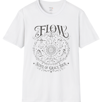 Flow T-Shirt White featuring vintage-inspired yoga artwork and mindful movement theme.