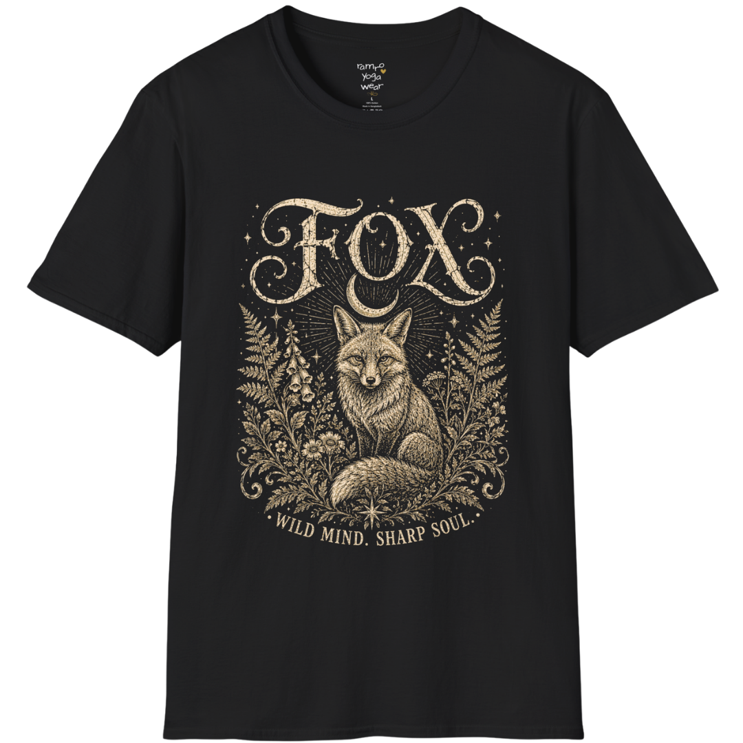 Ramro Yoga Wear Fox tee in Black — wild fox crescent moon botanical vintage design, coastal sunset lifestyle shot