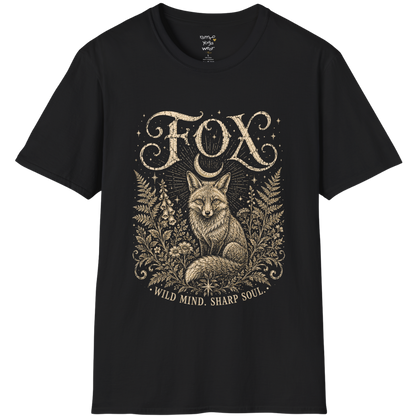 Ramro Yoga Wear Fox tee in Black — wild fox crescent moon botanical vintage design, coastal sunset lifestyle shot