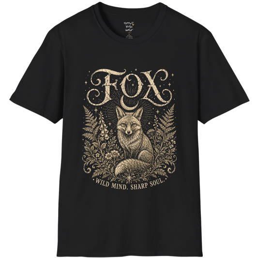Ramro Yoga Wear Fox tee in Black — wild fox crescent moon botanical vintage design, coastal sunset lifestyle shot