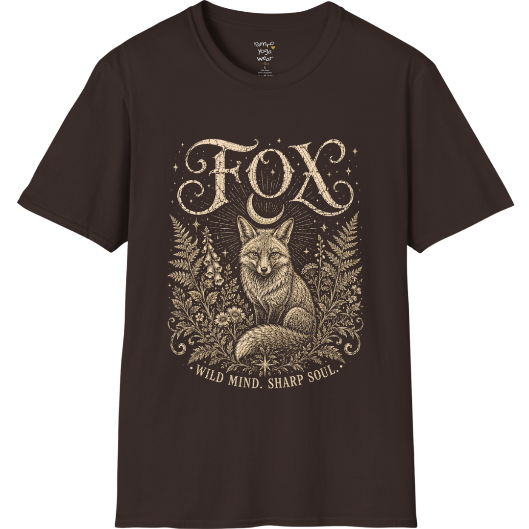 Ramro Yoga Wear Fox tee in Dark Chocolate — wild fox crescent moon botanical vintage design, flat lay product shot