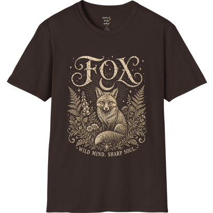 Ramro Yoga Wear Fox tee in Dark Chocolate — wild fox crescent moon botanical vintage design, flat lay product shot
