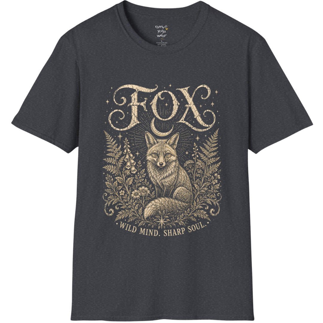 Ramro Yoga Wear Fox tee in Dark Heather Grey — wild fox crescent moon botanical vintage design, flat lay product shot