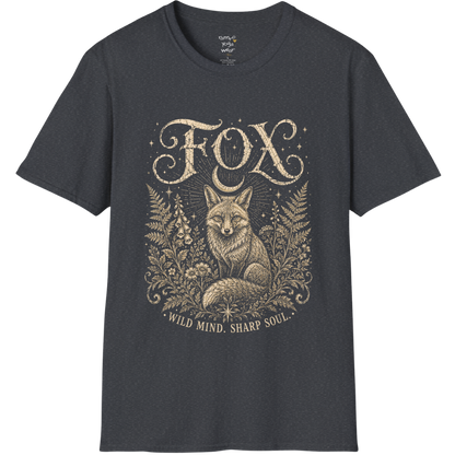 Ramro Yoga Wear Fox tee in Dark Heather Grey — wild fox crescent moon botanical vintage design, flat lay product shot