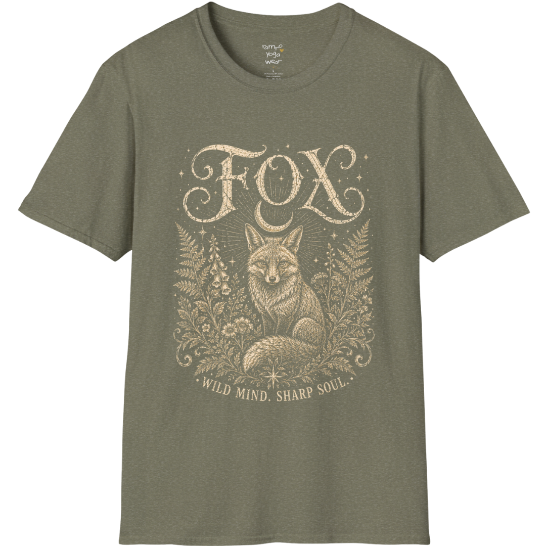 Ramro Yoga Wear Fox tee in Heather Military Green — wild fox crescent moon botanical vintage design, flat lay product shot