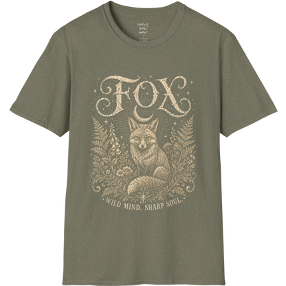 Ramro Yoga Wear Fox tee in Heather Military Green — wild fox crescent moon botanical vintage design, flat lay product shot