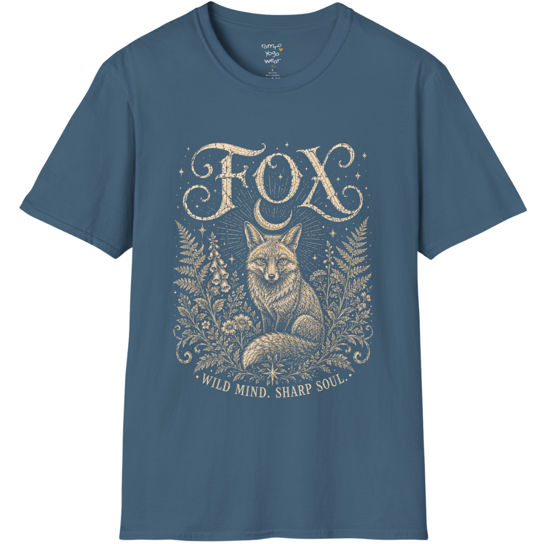 Ramro Yoga Wear Fox tee in Indigo Blue — wild fox crescent moon botanical vintage design, flat lay product shot