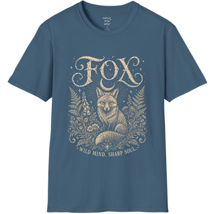 Ramro Yoga Wear Fox tee in Indigo Blue — wild fox crescent moon botanical vintage design, flat lay product shot