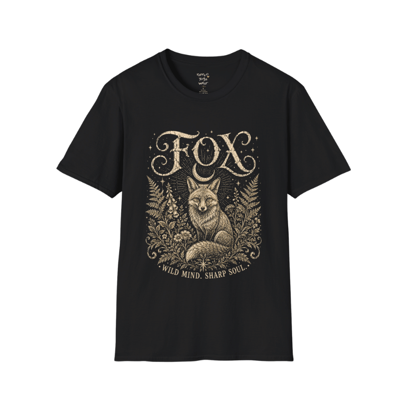 Ramro Yoga Wear Fox tee in Black — wild fox crescent moon botanical vintage design, coastal sunset lifestyle shot