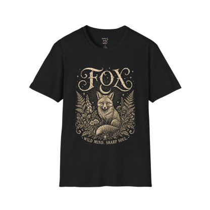 Ramro Yoga Wear Fox tee in Black — wild fox crescent moon botanical vintage design, coastal sunset lifestyle shot