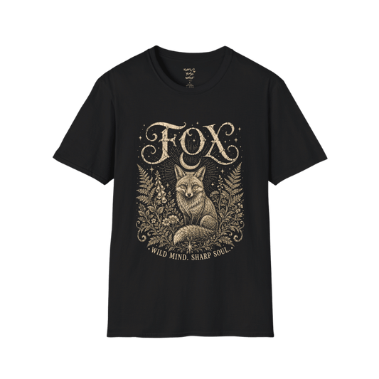 Ramro Yoga Wear Fox tee in Black — wild fox crescent moon botanical vintage design, coastal sunset lifestyle shot