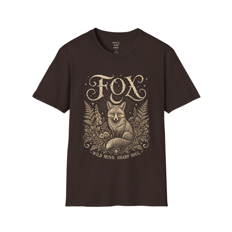 Ramro Yoga Wear Fox tee in Dark Chocolate — wild fox crescent moon botanical vintage design, flat lay product shot