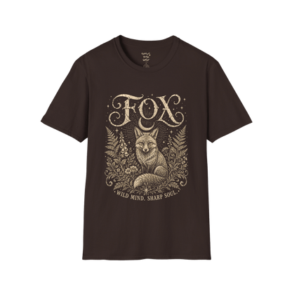 Ramro Yoga Wear Fox tee in Dark Chocolate — wild fox crescent moon botanical vintage design, flat lay product shot