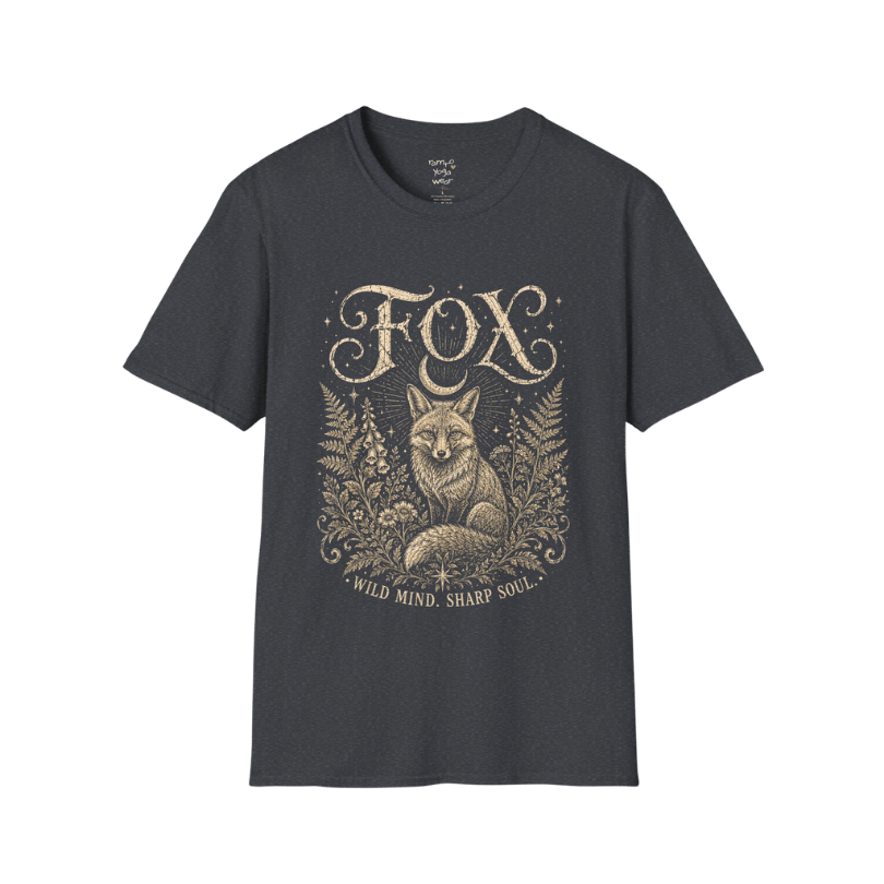 Ramro Yoga Wear Fox tee in Dark Heather Grey — wild fox crescent moon botanical vintage design, flat lay product shot