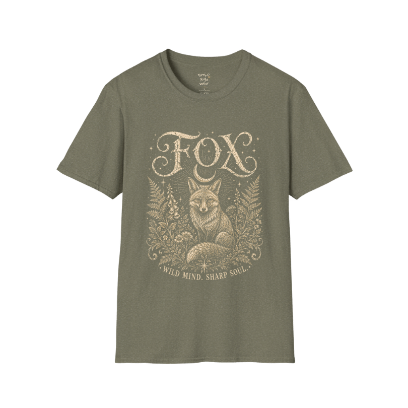 Ramro Yoga Wear Fox tee in Heather Military Green — wild fox crescent moon botanical vintage design, flat lay product shot