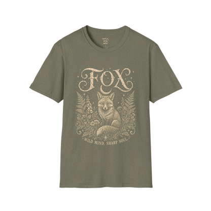 Ramro Yoga Wear Fox tee in Heather Military Green — wild fox crescent moon botanical vintage design, flat lay product shot