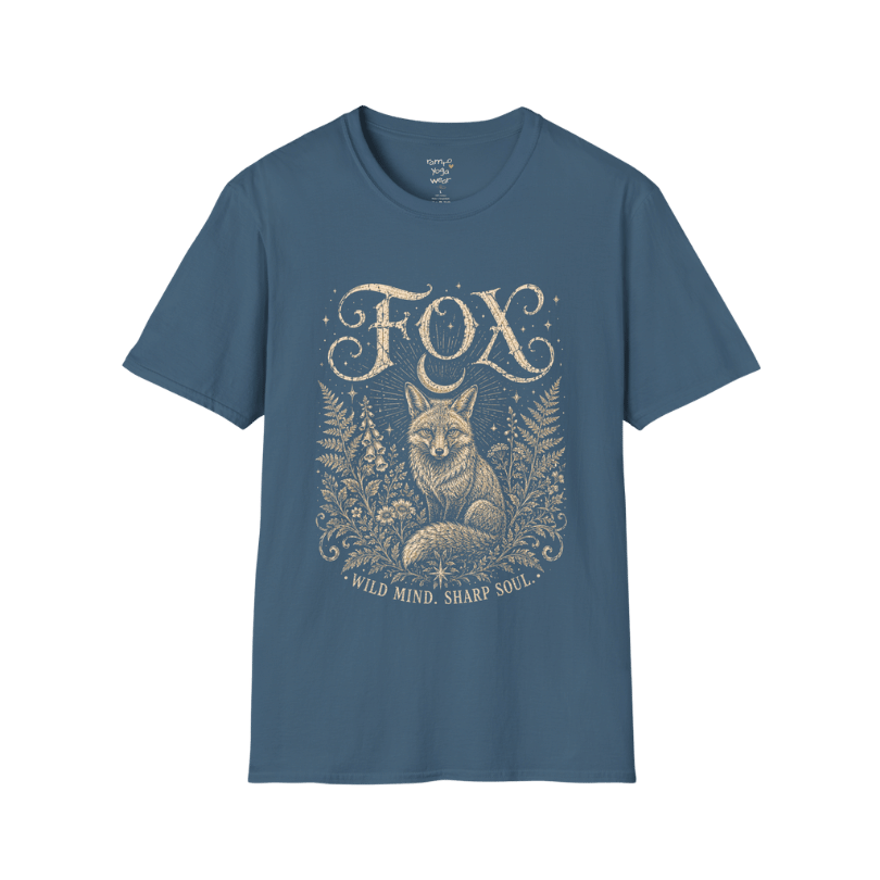 Ramro Yoga Wear Fox tee in Indigo Blue — wild fox crescent moon botanical vintage design, flat lay product shot