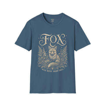 Ramro Yoga Wear Fox tee in Indigo Blue — wild fox crescent moon botanical vintage design, flat lay product shot