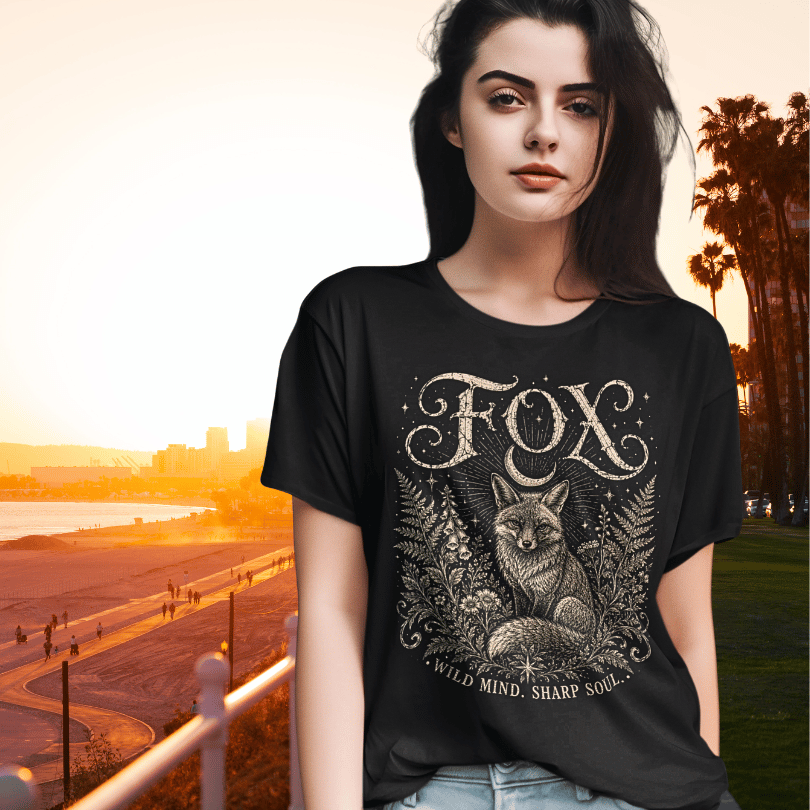 Ramro Yoga Wear Fox tee in Black — wild fox crescent moon botanical vintage design, coastal sunset lifestyle shot