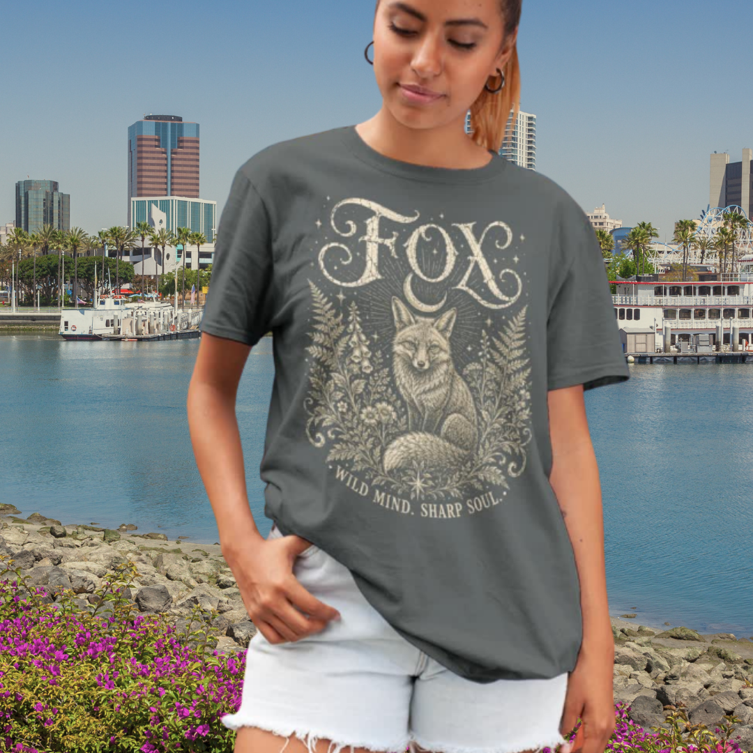 Ramro Yoga Wear Fox tee in Dark Heather Grey — wild mind sharp soul fox design, harbor city lifestyle shot