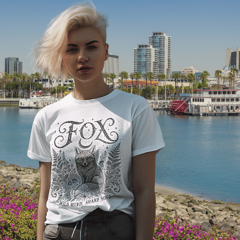 Ramro Yoga Wear Fox tee in White — wild mind sharp soul fox design, harbour city lifestyle shot