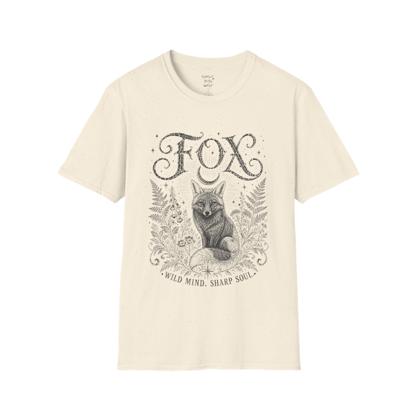 Ramro Yoga Wear Fox tee in Natural — wild fox crescent moon botanical vintage design, flat lay product shot