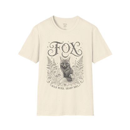 Ramro Yoga Wear Fox tee in Natural — wild fox crescent moon botanical vintage design, flat lay product shot