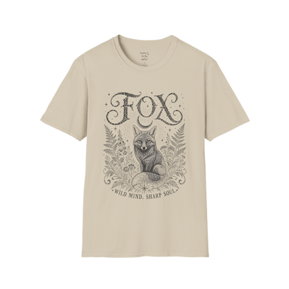 Ramro Yoga Wear Fox tee in Sand — wild fox crescent moon botanical vintage design, flat lay product shot