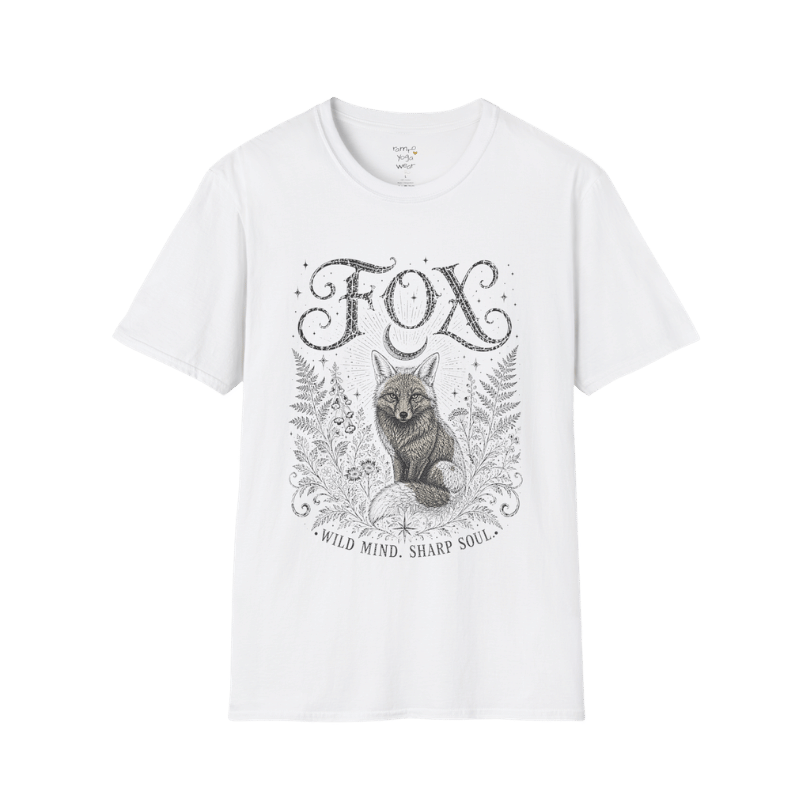 Ramro Yoga Wear Fox tee in White — wild fox crescent moon botanical vintage design, flat lay product shot