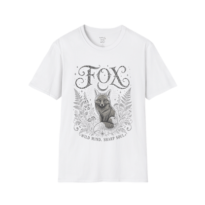 Ramro Yoga Wear Fox tee in White — wild fox crescent moon botanical vintage design, flat lay product shot