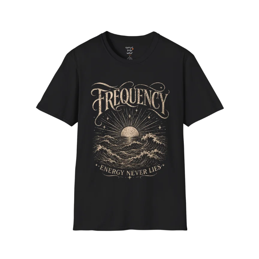 Black Frequency T-Shirt with vintage engraved ocean waves and sunrise artwork in distressed cream print. Mindful yoga lifestyle streetwear tee.