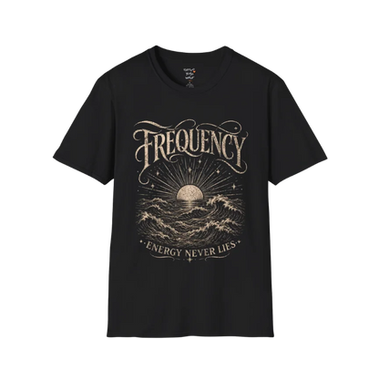 Black Frequency T-Shirt with vintage engraved ocean waves and sunrise artwork in distressed cream print. Mindful yoga lifestyle streetwear tee.