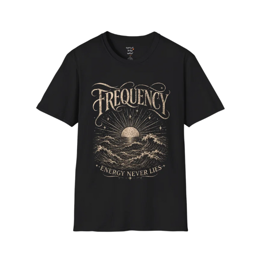 Black Frequency T-Shirt with vintage engraved ocean waves and sunrise artwork in distressed cream print. Mindful yoga lifestyle streetwear tee.