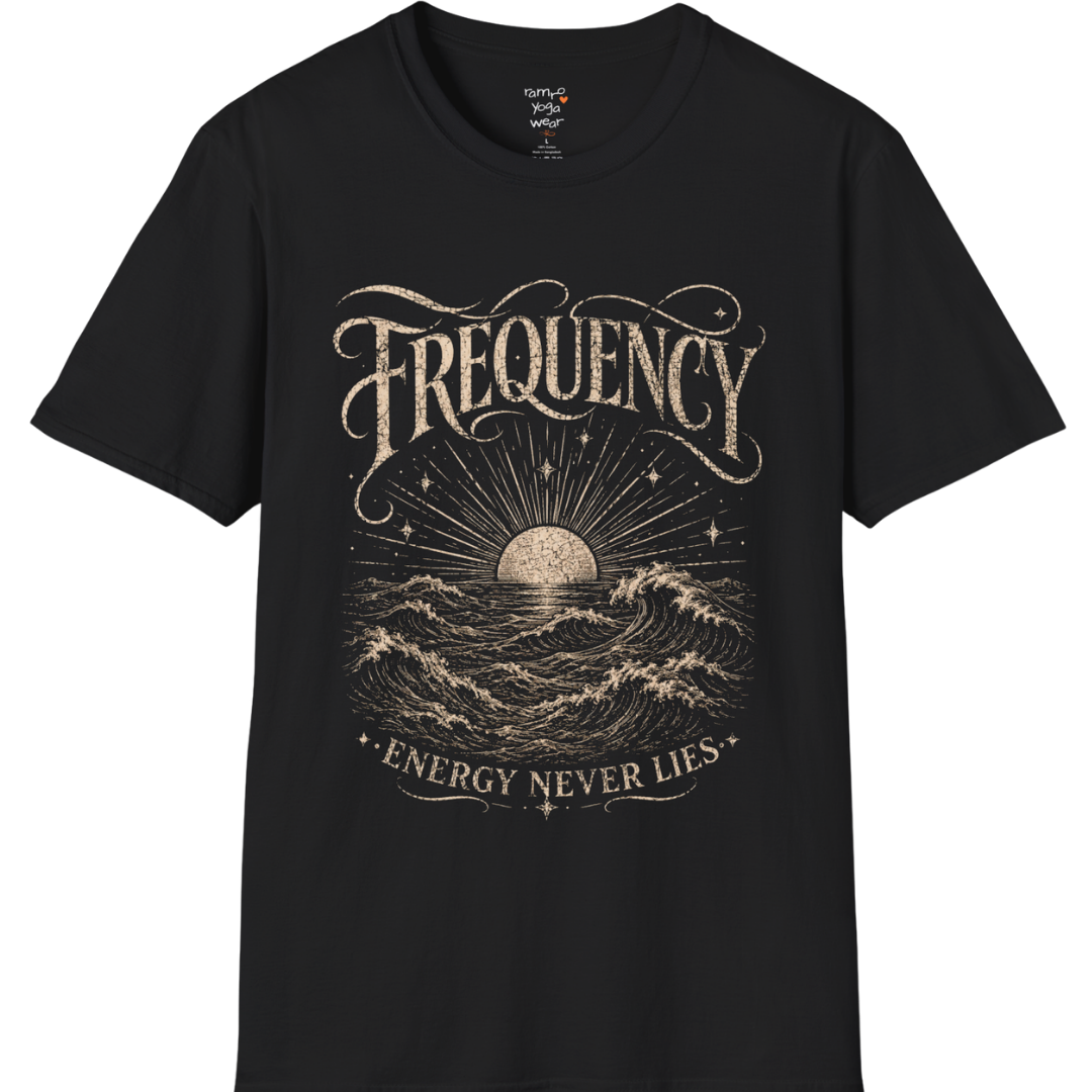 Black Frequency T-Shirt with vintage engraved ocean waves and sunrise artwork in distressed cream print. Mindful yoga lifestyle streetwear tee.