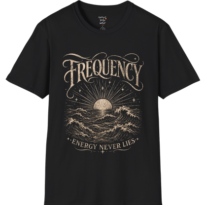 Black Frequency T-Shirt with vintage engraved ocean waves and sunrise artwork in distressed cream print. Mindful yoga lifestyle streetwear tee.