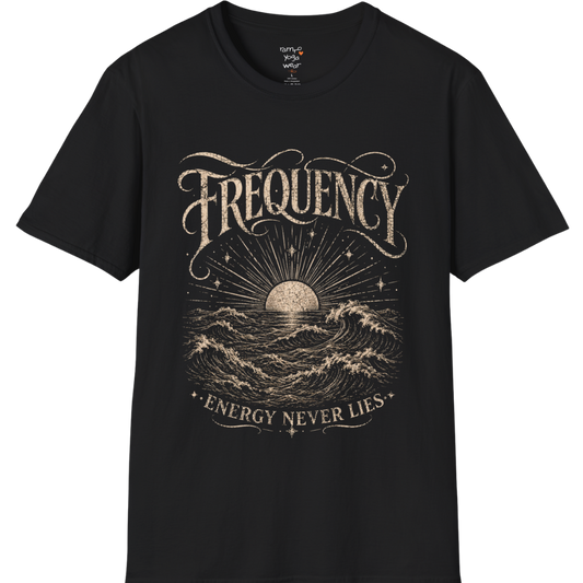 Black Frequency T-Shirt with vintage engraved ocean waves and sunrise artwork in distressed cream print. Mindful yoga lifestyle streetwear tee.