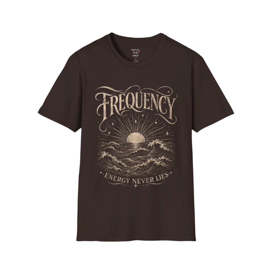 Dark Chocolate Frequency T-Shirt with vintage wave illustration and engraved spiritual typography. Relaxed yoga-inspired graphic tee.