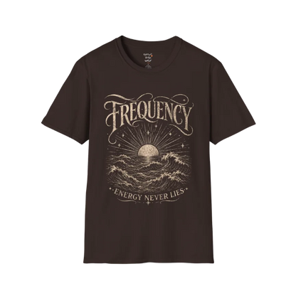 Dark Chocolate Frequency T-Shirt with vintage wave illustration and engraved spiritual typography. Relaxed yoga-inspired graphic tee.
