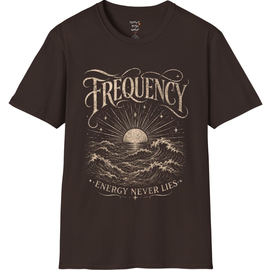 Dark Chocolate Frequency T-Shirt with vintage wave illustration and engraved spiritual typography. Relaxed yoga-inspired graphic tee.