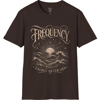 Dark Chocolate Frequency T-Shirt with vintage wave illustration and engraved spiritual typography. Relaxed yoga-inspired graphic tee.