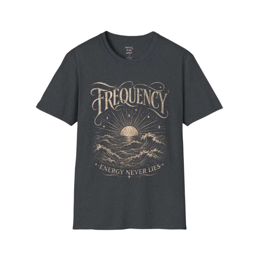 Dark Heather Grey Frequency T-Shirt featuring distressed engraved ocean artwork and soulful energy-inspired design for mindful living.