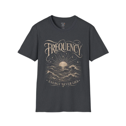 Dark Heather Grey Frequency T-Shirt featuring distressed engraved ocean artwork and soulful energy-inspired design for mindful living.