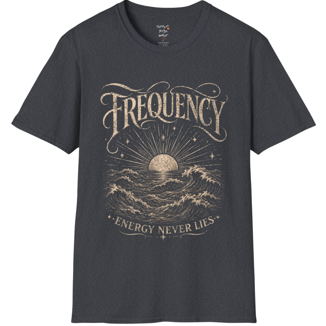 Dark Heather Grey Frequency T-Shirt featuring distressed engraved ocean artwork and soulful energy-inspired design for mindful living.