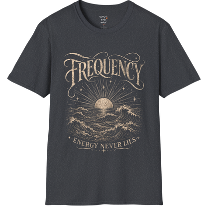 Dark Heather Grey Frequency T-Shirt featuring distressed engraved ocean artwork and soulful energy-inspired design for mindful living.