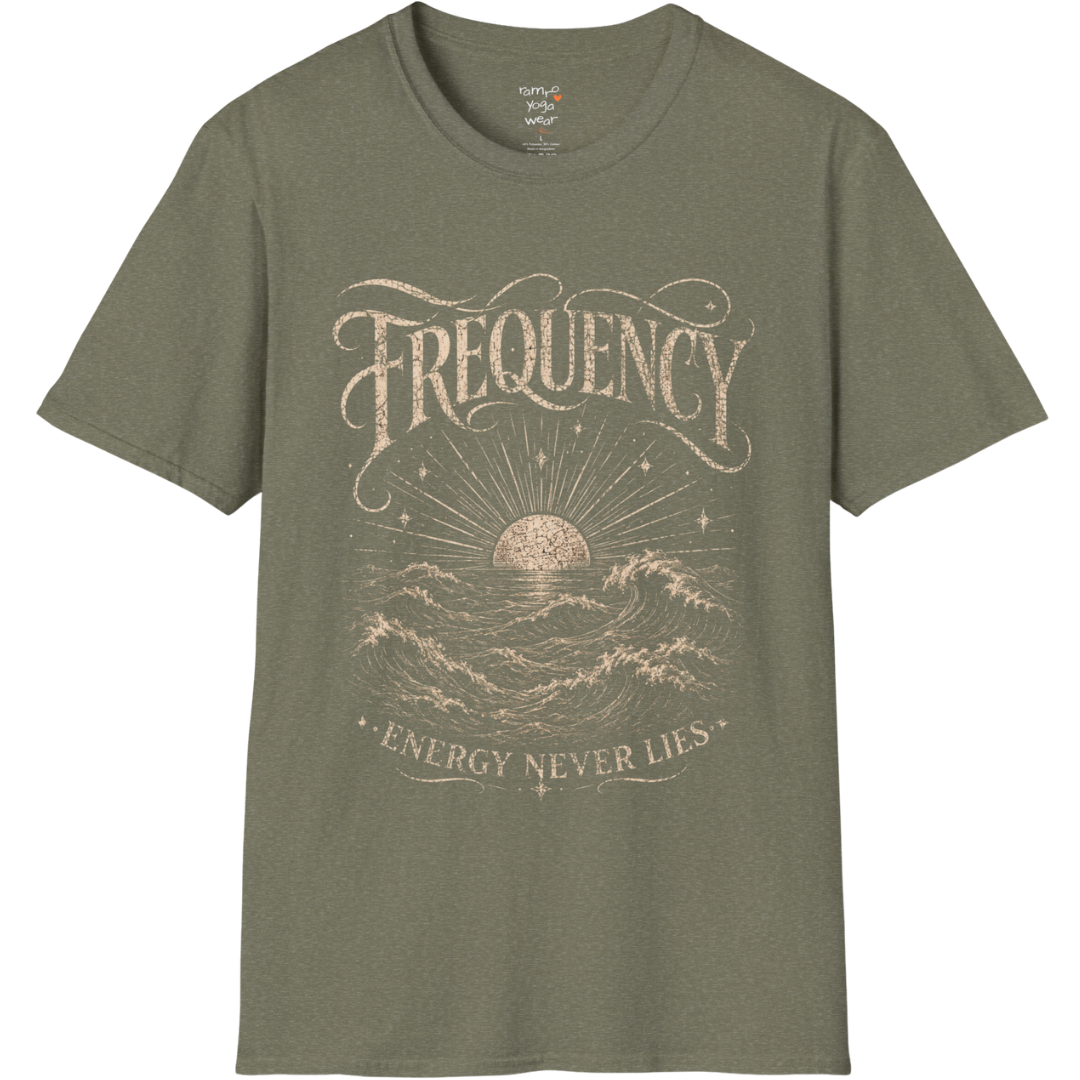 Heather Military Green Frequency T-Shirt with vintage sunrise and wave graphic in engraved cream print. Spiritual yoga streetwear aesthetic.