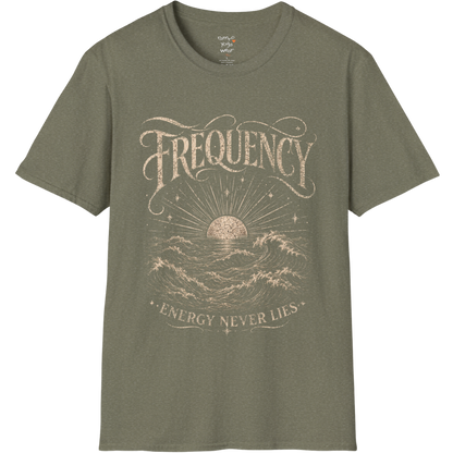 Heather Military Green Frequency T-Shirt with vintage sunrise and wave graphic in engraved cream print. Spiritual yoga streetwear aesthetic.
