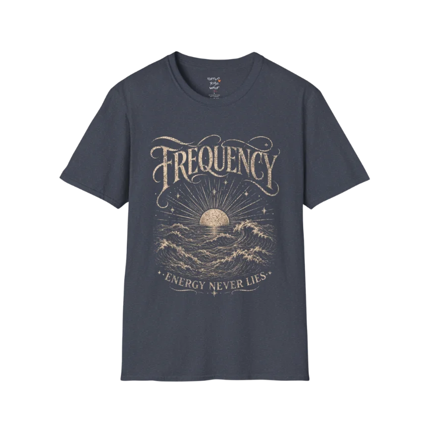 Heather Navy Frequency T-Shirt with distressed vintage ocean illustration and spiritual-inspired Frequency typography.